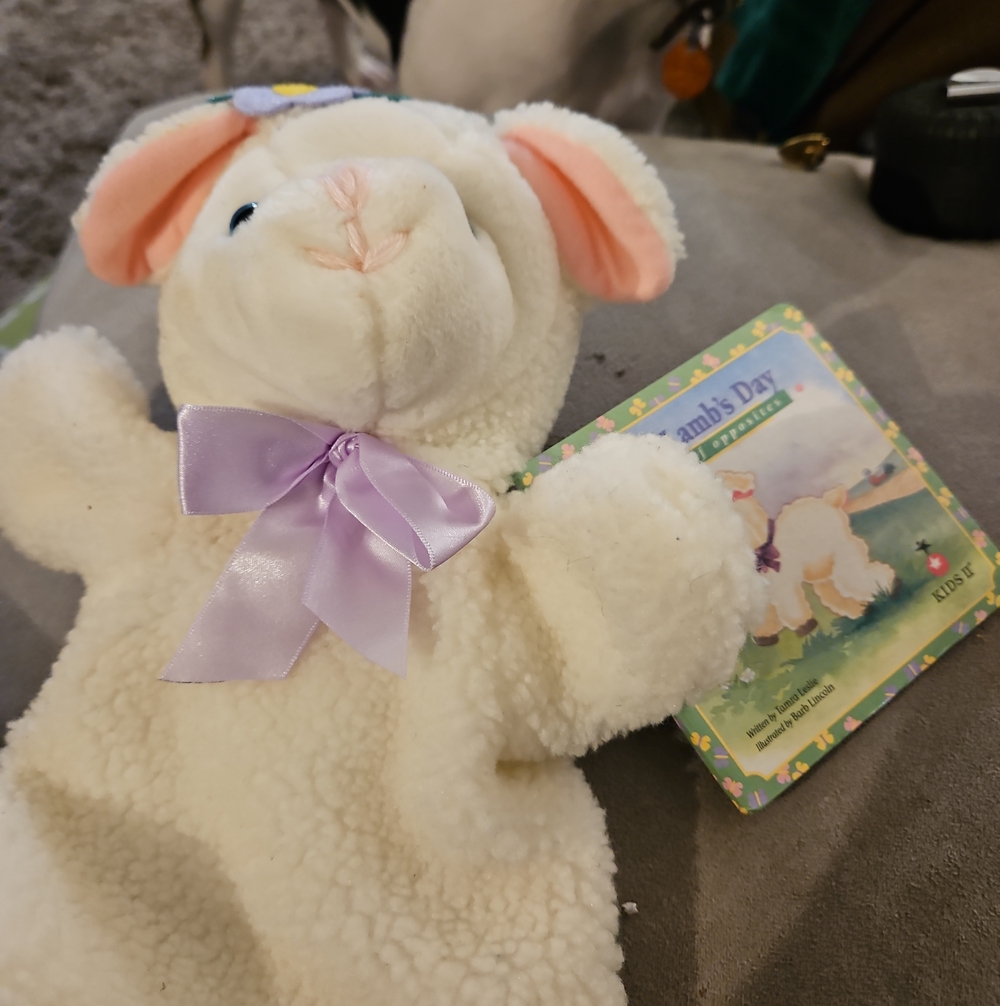 Plush Lamb Hand Puppet - White with Lavender Bow Original Book Attatched K10